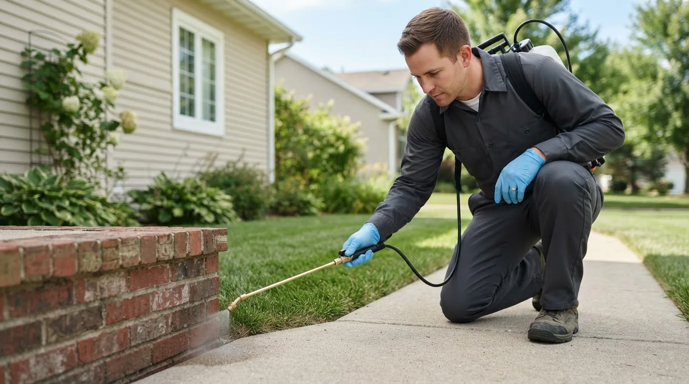 Pest control technician treating a home near New Munich, MN